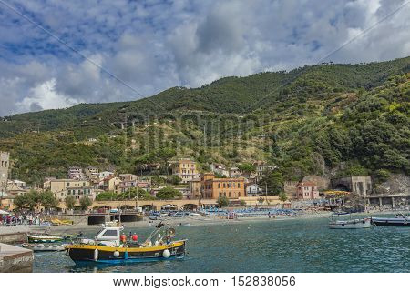 MONTEROSSO AL MARE, ITALY - SEPTEMBER 20, 2016: Unidentified people at Monterosso al mare in Italy. It is one of the five towns that make up the Cinque Terre region