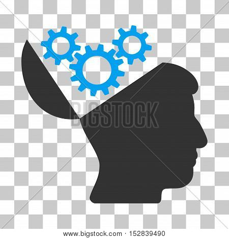 Blue And Gray Open Mind Gears interface toolbar icon. Vector pictograph style is a flat bicolor symbol on chess transparent background.