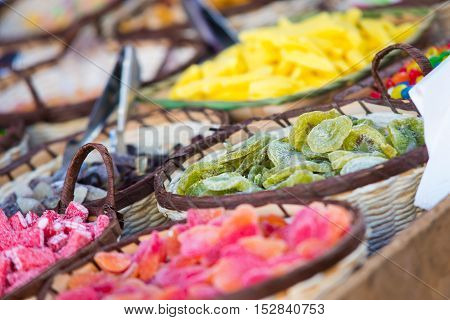 Sweets stalls at Almossassa market. Marvao Portugal