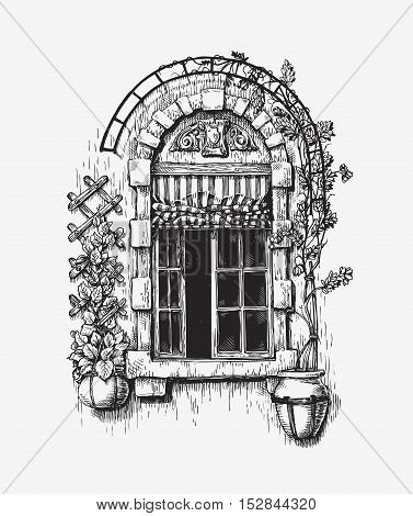 Open window sketch. Vintage historic building vector illustration