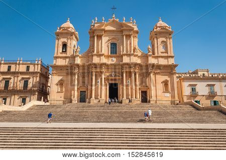 NOTO ITALY - SEPTEMBER 14 2015: Noto Cathedral is a Roman Catholic cathedral in Noto in Sicily Italy. UNESCO World Heritage Site.
