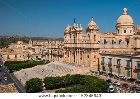 NOTO ITALY - SEPTEMBER 14 2015: Noto Cathedral is a Roman Catholic cathedral in Noto in Sicily Italy. UNESCO World Heritage Site.