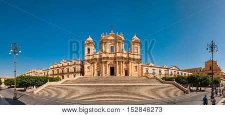 NOTO ITALY - SEPTEMBER 14 2015: Noto Cathedral is a Roman Catholic cathedral in Noto in Sicily Italy. UNESCO World Heritage Site.