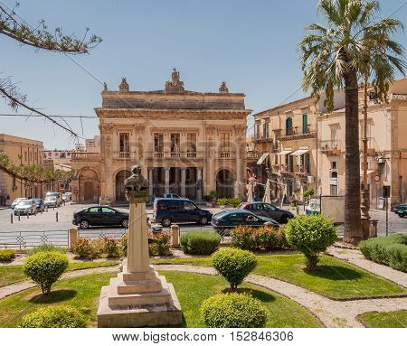 NOTO ITALY - SEPTEMBER 14 2015: The facade of the theatre of Vittorio Emanuele III in Noto Sicily Italy.