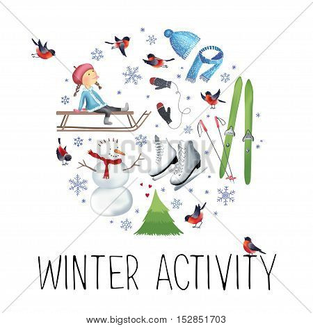 Vector illustration about winter outdoor activities and sport made in circle shape.