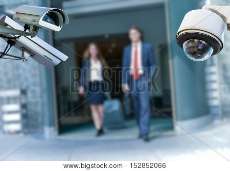Cctv Camera With Airport Area And People