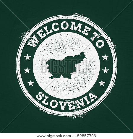 White Chalk Texture Retro Stamp With Republic Of Slovenia Map On A Green Blackboard. Grunge Rubber S