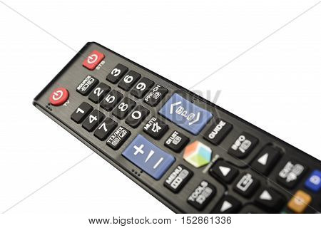 Black TV remote controller on white background
