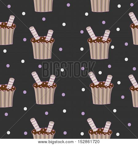 Seamless pattern with chocolate cake on the darc background for banner card invitation textile fabric wrapping paper.