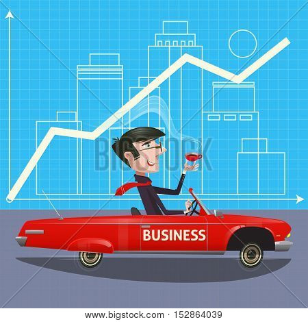 Businessman success flat design.Illustration businessman going on the road trip by car with modern buildings on the background. Travel by car.