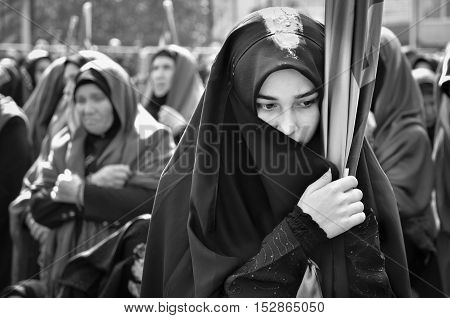 Istanbul Turkey - October 11 2016: Muslims worldwide marks Ashura Istanbul Shiite community. Turkish Shia Muslims mourning for Imam Hussain. Caferis take part in a mourning procession marking the day of Ashura in Istanbul's Kucukcekmece district Turkey on