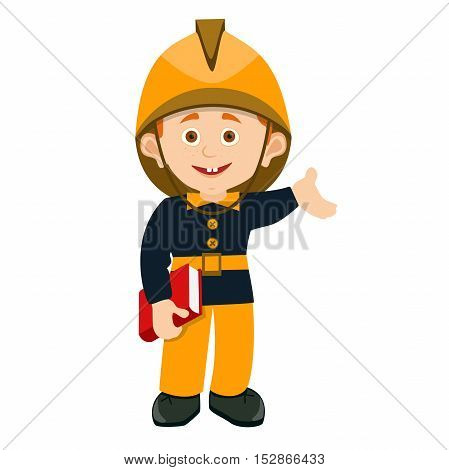 Firefighter in uniform holding the book in hand, calls to learn the rules of fire safety on isolated white background. smiling child in the form of a firefighter
