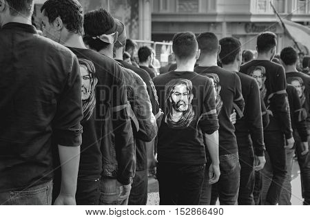 Istanbul Turkey - October 11 2016: Muslims worldwide marks Ashura Istanbul Shiite community. Turkish Shia Muslims mourning for Imam Hussain. Caferis take part in a mourning procession marking the day of Ashura in Istanbul's Kucukcekmece district Turkey on