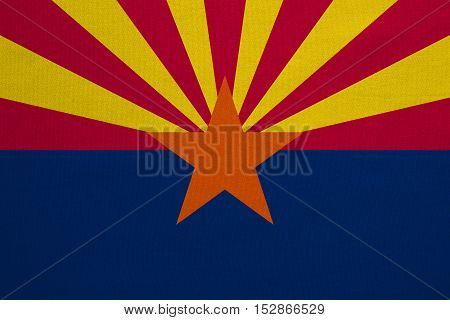 Flag of the US state of Arizona. American patriotic element. USA banner. United States of America symbol. Arizonian official flag with real detailed fabric texture illustration. Accurate size colors