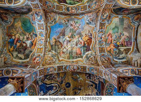 PALERMO ITALY - SEPTEMBER 7 2015: Celling of the famous church of Santa Maria dell'Ammiraglio commonly called the Martorana in Palermo Sicily Italy.