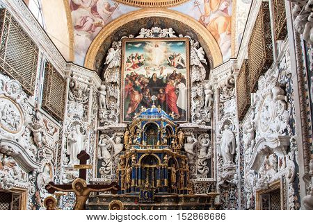 PALERMO ITALY - SEPTEMBER 7 2015: Interior of the famous church of Santa Maria dell'Ammiraglio commonly called the Martorana in Palermo Sicily Italy.