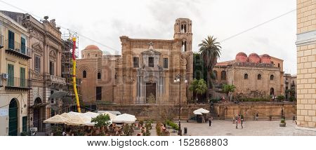 PALERMO ITALY - SEPTEMBER 7 2015: The church of Santa Maria dell'Ammiraglio commonly called the Martorana and San Cataldo in Palermo Sicily southern Italy.