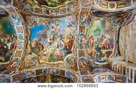 PALERMO ITALY - SEPTEMBER 7 2015: Interior of the famous church of Santa Maria dell'Ammiraglio commonly called the Martorana in Palermo Sicily Italy.