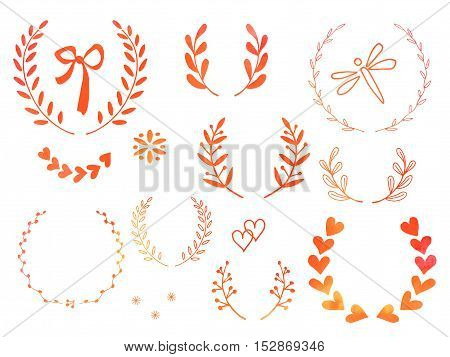 Collection of hand drawn doodle design elements with watercolor texture isolated on white background. Set of autumn handdrawn dragonfly laurel wreaths floral dividers ribbon. Vector illustration.