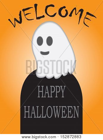 Ghost greeting by a tombstone "Welcome Happy Halloween".