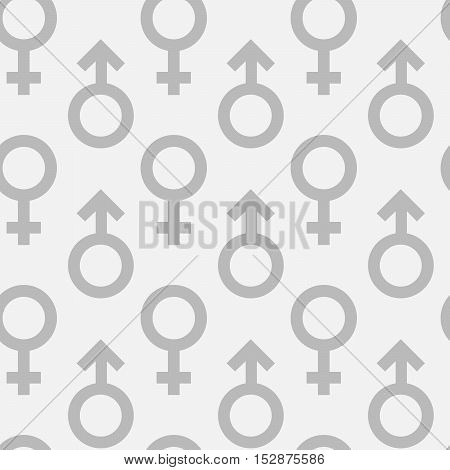 Seamless pattern of grey male and female gender symbols on white background. Simple flat vector geoetric signs.