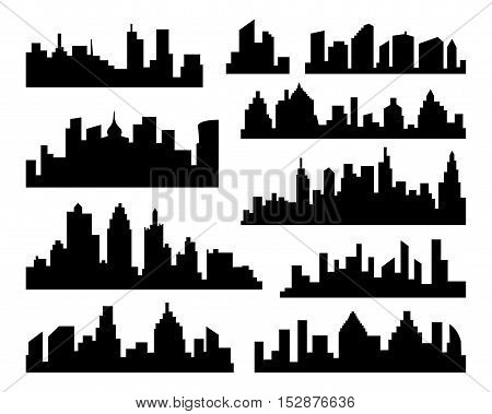 Set of vector Cities Silhouette. Collection of Vector black City Icons set on white Background