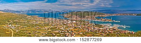 Panoramic view of Trogir from above with Kastela bay island Ciovo Biokovo mountain and city of Split Dalmatia Croatia