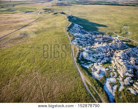 prairie ranch roads and limestone outcroppings near Castle Rock  in Kansas (Gove County), aerial view