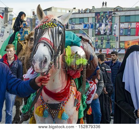 Istanbul Turkey - October 11 2016: Muslims worldwide marks Ashura Istanbul Shiite community. Turkish Shia Muslims mourning for Imam Hussain. Caferis take part in a mourning procession marking the day of Ashura in Istanbul's Kucukcekmece district Turkey on