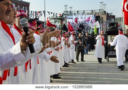 Istanbul Turkey - October 11 2016: Muslims worldwide marks Ashura Istanbul Shiite community. Turkish Shia Muslims mourning for Imam Hussain. Caferis take part in a mourning procession marking the day of Ashura in Istanbul's Kucukcekmece district Turkey on