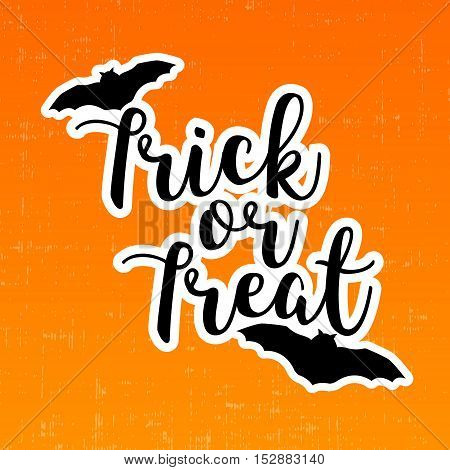 Trick or treat halloween greeting card with bats. Vector sticker.