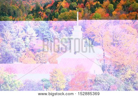 Small church in Topsham village in Vermont in the middle of fall foliage