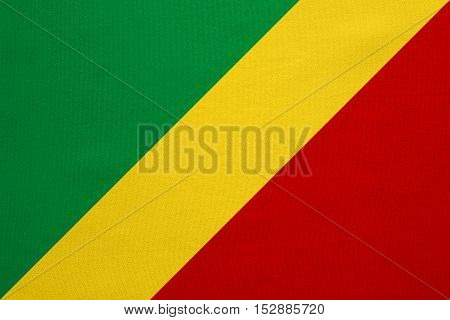 Congo Republic national official flag. African patriotic symbol banner element background. Correct colors. Flag of Republic of the Congo real detailed fabric texture accurate size illustration