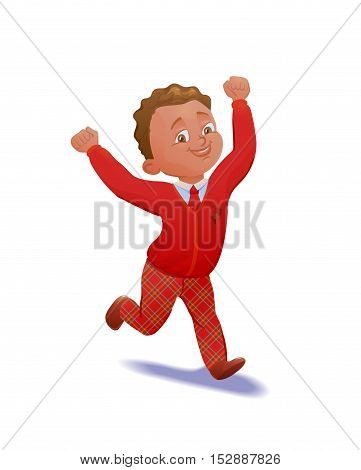 Cute running schoolboy. Pupil in uniform. Cartoon character. Vector illustation