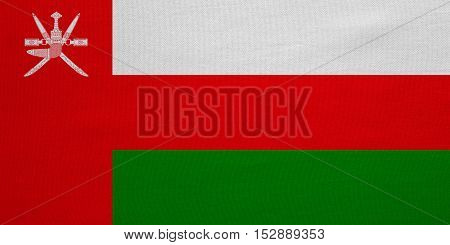 Omani national official flag. Patriotic symbol banner element background. Correct colors. Flag of Oman with real detailed fabric texture accurate size illustration