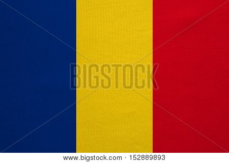 Romanian national official flag. Patriotic symbol banner element background. Correct colors. Flag of Romania with real detailed fabric texture accurate size illustration
