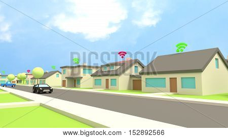 Row of low poly houses in a street with wifi symbols on the roof in red for insecure and green for protected networks cybersecurity concept 3D illustration