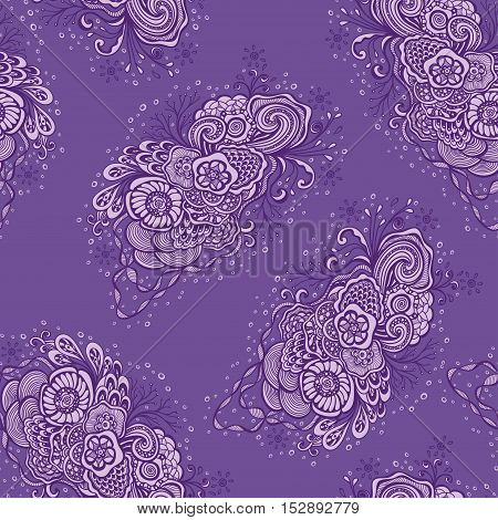 Seamless pattern with  Doodle elements in vintage handmade style in lilac for wallpaper or for package or for decoration clothes or T-shirt or furniture or for advertising cosmetic perfume