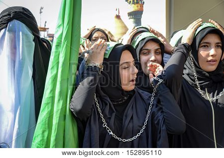 Istanbul Turkey - October 11 2016: Muslims worldwide marks Ashura Istanbul Shiite community. Turkish Shia Muslims mourning for Imam Hussain. 