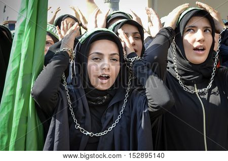 Istanbul Turkey - October 11 2016: Muslims worldwide marks Ashura Istanbul Shiite community. Turkish Shia Muslims mourning for Imam Hussain. 