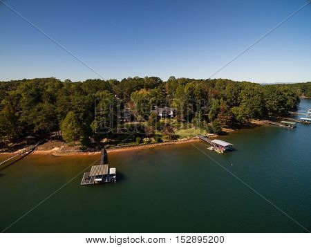 Aerial picture of lake houses and docked boats in South Carolina