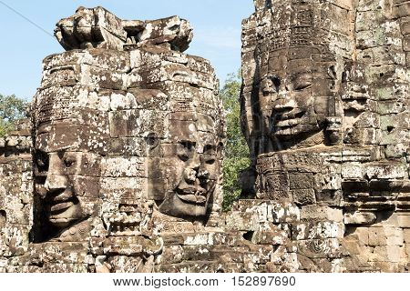 Smiling, gargantuan face at Angkor Thom,Siem Reap,Cambodia.