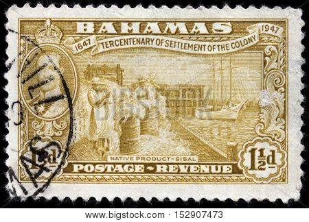LUGA RUSSIA - JUNE 25 2016: A stamp printed by BAHAMAS shows native product sisal. The sisal fibre traditionally has many uses including rope twine paper cloth footwear and hats circa 1948