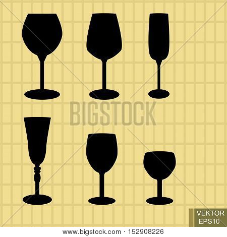 Stemware set. Silhouettes. Beverages. Recreation. Green background. For your design