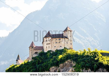 Balzers, Liechtenstein - July 01, 2016: Landscape view on Gutenberg castle in Balzers town at the morning