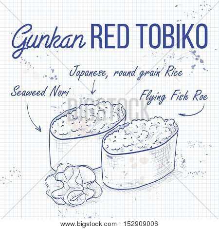 Vector sushi sketch, Gunkan red Tobiko on a notebook page