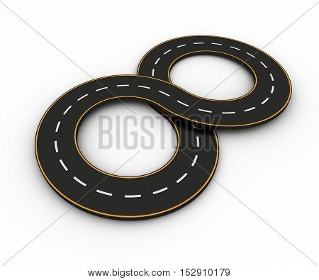 Infinity symbols of the Figures in the form of a road with white and yellow line markings 3d rendering