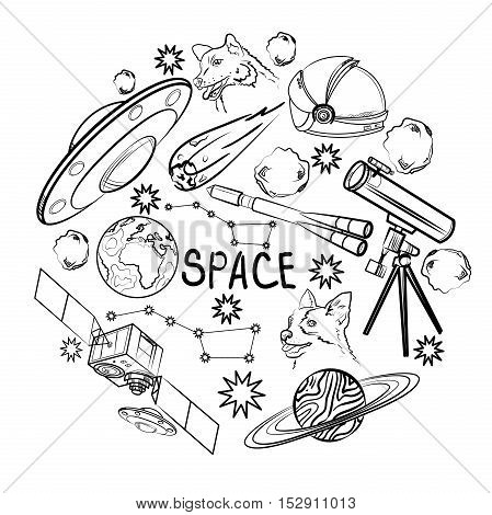 Set of space elements. Astronaut, Earth, Saturn, Moon, UFO, Rocket Comet Constellation Sputnik and stars
