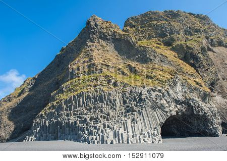 Beautiful basalt Halsanefshellir Cave at a black Reynisfjara beach near Vik, Icealnd