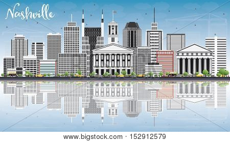 Nashville Skyline with Gray Buildings, Blue Sky and Reflections. Vector Illustration. Business Travel and Tourism Concept with Modern Architecture. Image for Presentation Banner Placard and Web Site.